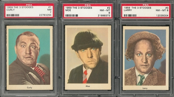 1959 Fleer "Three Stooges" Portrait Cards PSA NM 7 and PSA NM-MT 8 Trio (3 Different) – Including #s 1 Curly, 2 Moe and 3 Larry